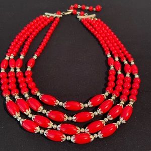 Vintage Four Multi Strand Red and Gold Necklace